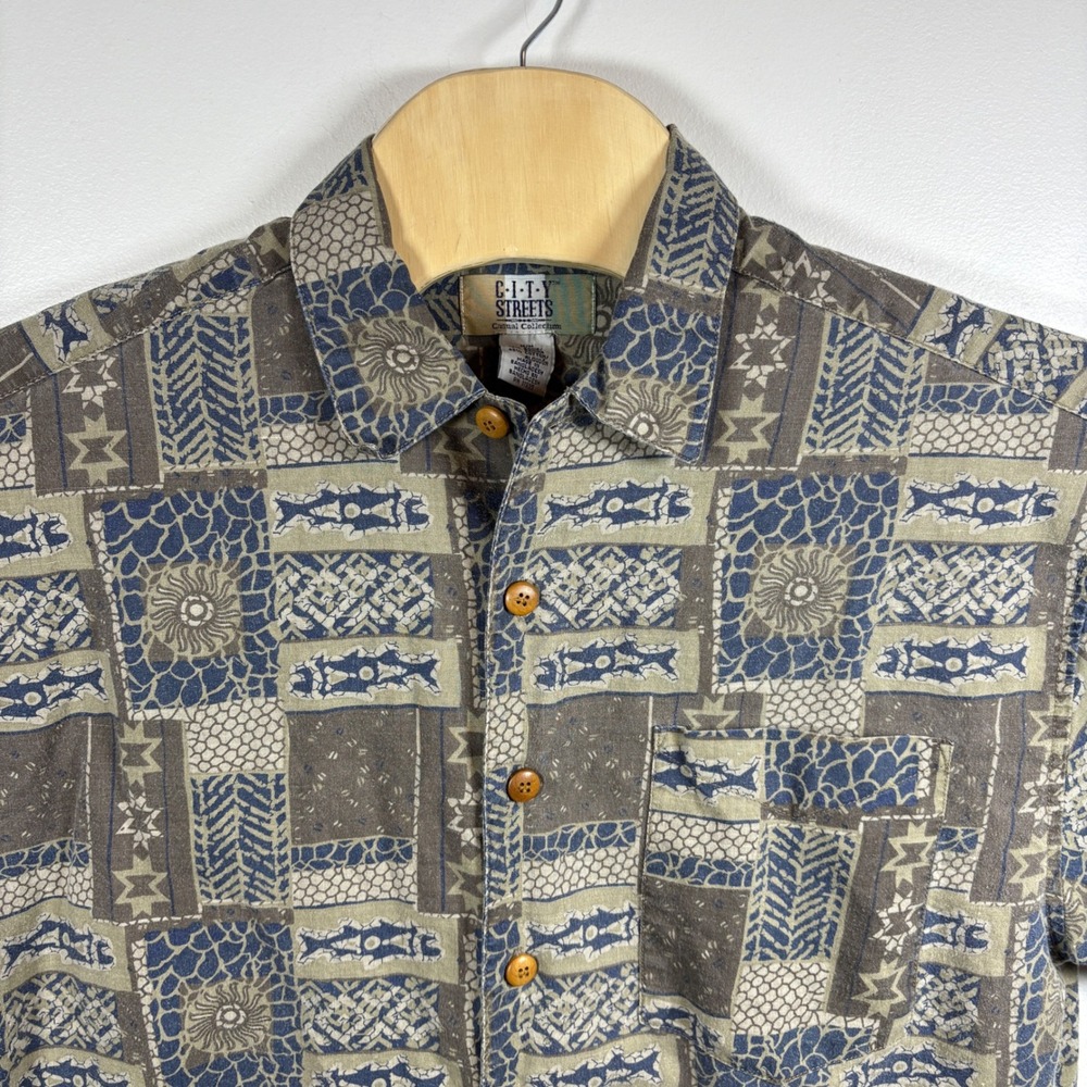 City Streets Mens Patchwork Tribal Print Button Down Shirt Blue Brown Size M